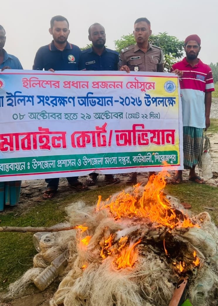 কাউখালীতে মা ইলিশ রক্ষায় মৎস্য দপ্তরের অভিযান: ৫ হাজার ৫০০ মিটার অবৈধ জাল জব্দ ও ধ্বংস